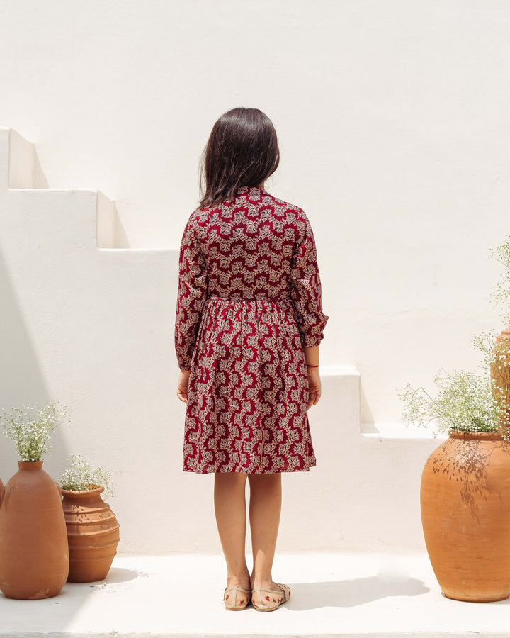 Wine Ajrakh Girl's Dress