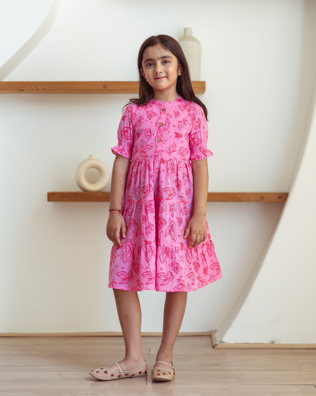 Baby Pink Butterflies Mom and Daughter Cotton Dresses