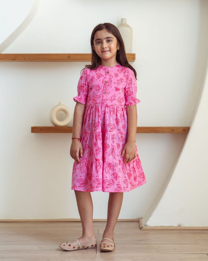Baby Pink Butterflies Tiered Cotton Girl's Dress