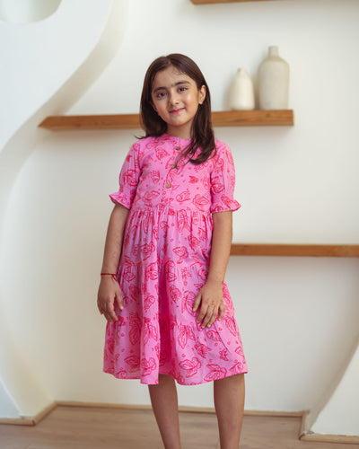 Baby Pink Butterflies Tiered Cotton Girl's Dress