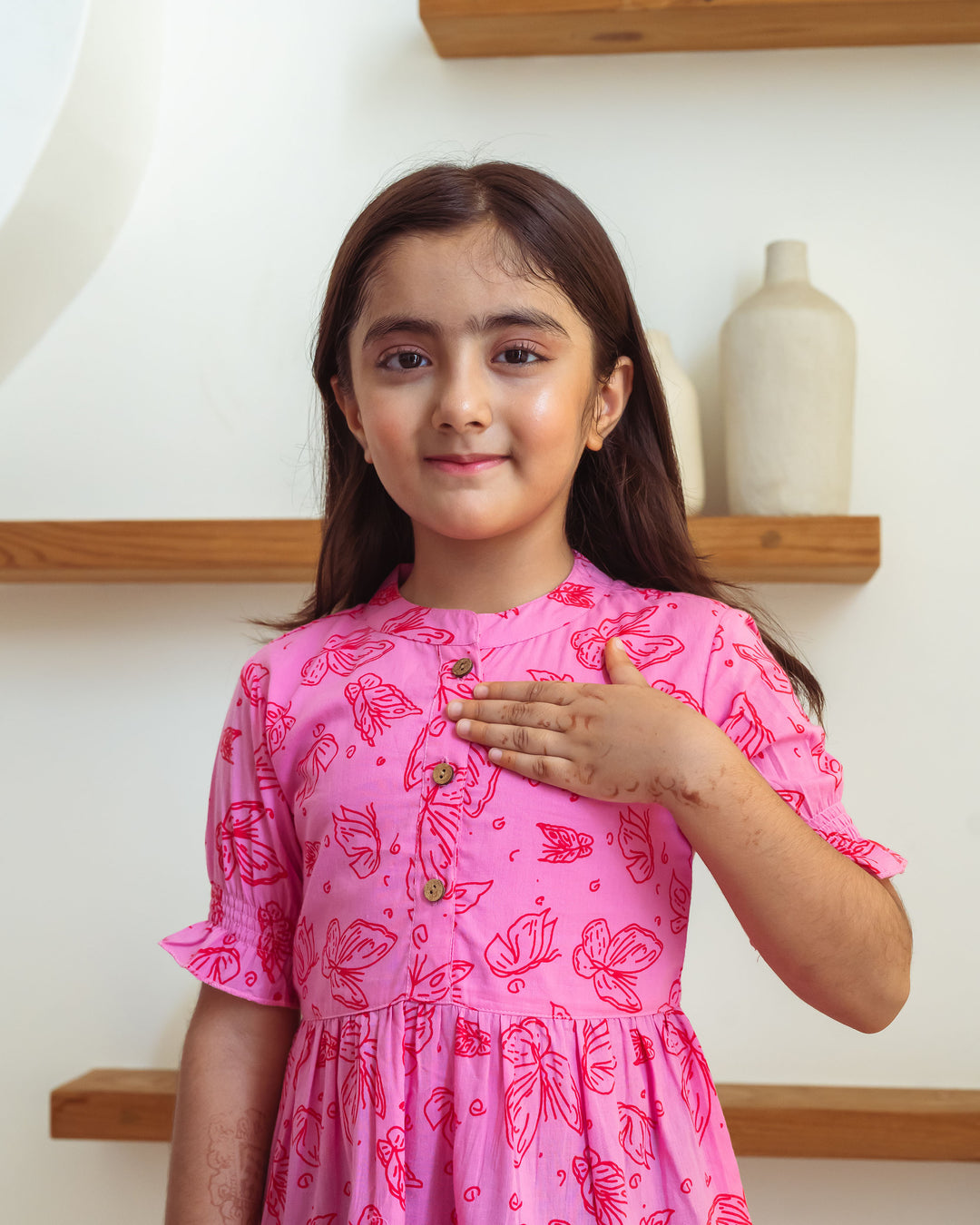 Baby Pink Butterflies Tiered Cotton Girl's Dress