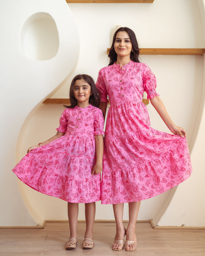 Baby Pink Butterflies Mom and Daughter Cotton Dresses
