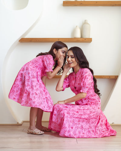 Baby Pink Butterflies Mom and Daughter Cotton Dresses