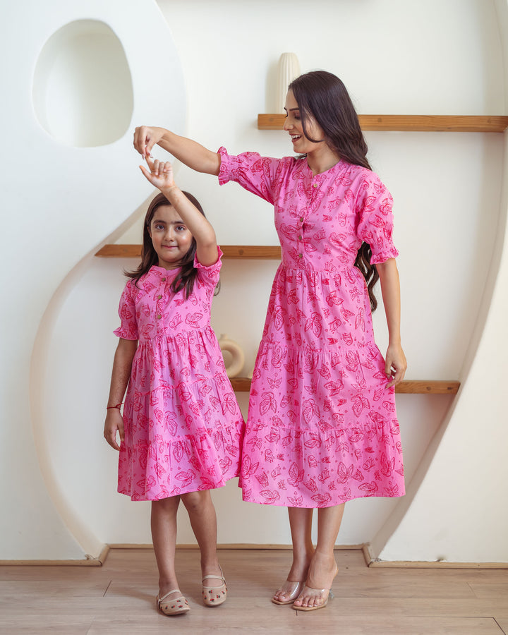 Baby Pink Butterflies Mom and Daughter Cotton Dresses