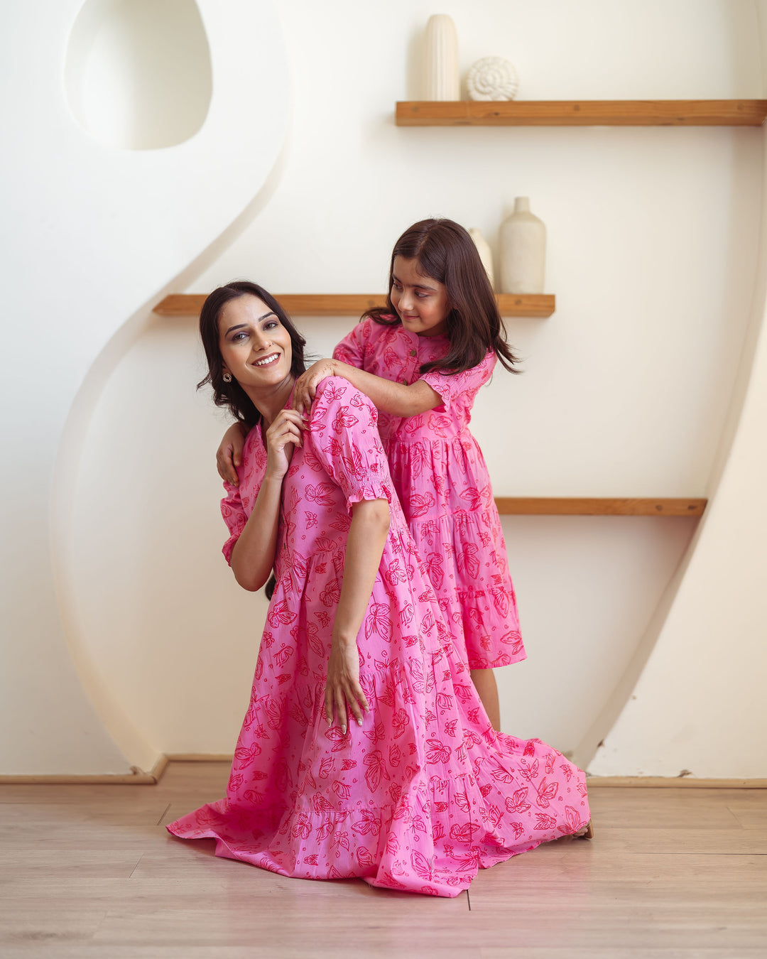 Baby Pink Butterflies Mom and Daughter Cotton Dresses