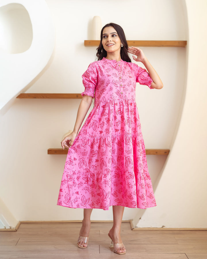 Baby Pink Butterflies Mom and Daughter Cotton Dresses