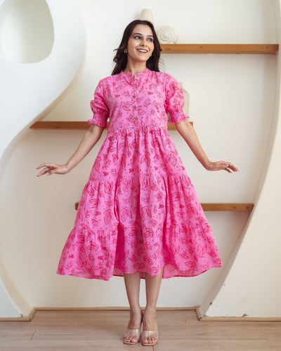 Baby Pink Butterflies Tiered Cotton Midi Dress with Pockets