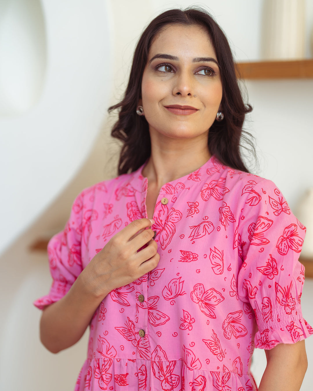 Baby Pink Butterflies Tiered Cotton Midi Dress with Pockets
