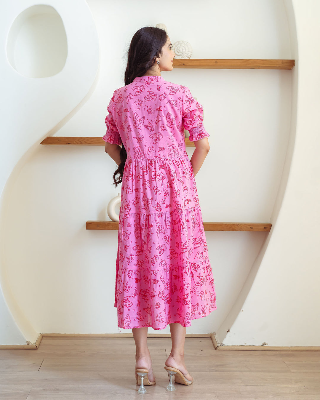 Baby Pink Butterflies Tiered Cotton Midi Dress with Pockets