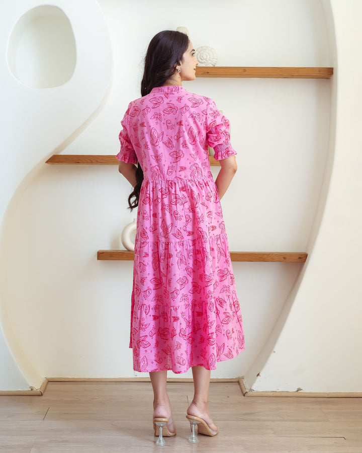 Baby Pink Butterflies Tiered Cotton Midi Dress with Pockets
