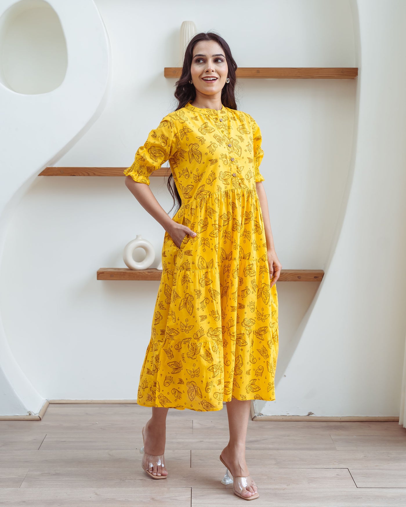 Yellow Butterflies Mom and Daughter Cotton Dresses