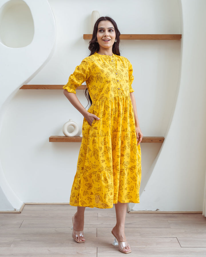Yellow Butterflies Tiered Cotton Midi Dress with Pockets