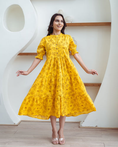 Yellow Butterflies Tiered Cotton Midi Dress with Pockets