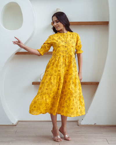 Yellow Butterflies Tiered Cotton Midi Dress with Pockets