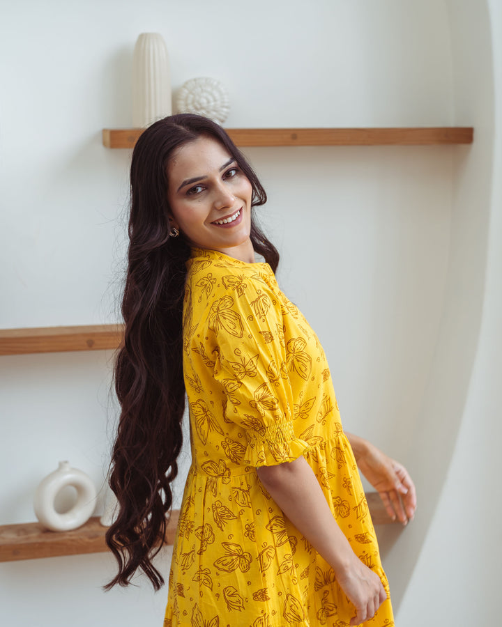 Yellow Butterflies Tiered Cotton Midi Dress with Pockets