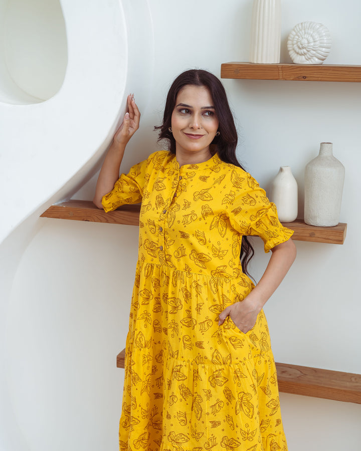 Yellow Butterflies Tiered Cotton Midi Dress with Pockets