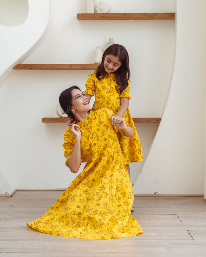 Yellow Butterflies Mom and Daughter Cotton Dresses
