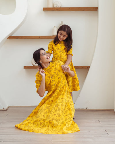 Yellow Butterflies Mom and Daughter Cotton Dresses