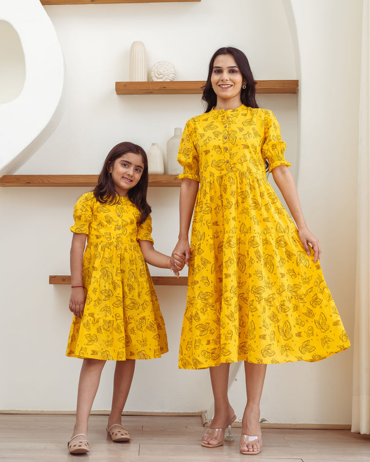 Yellow Butterflies Mom and Daughter Cotton Dresses