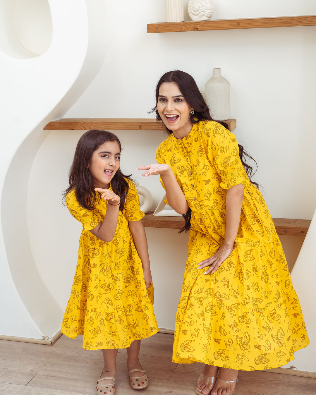 Yellow Butterflies Mom and Daughter Cotton Dresses