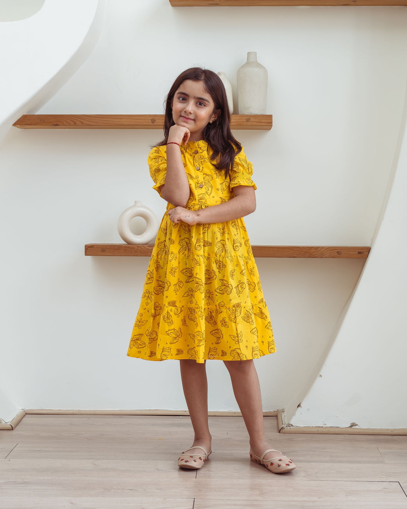 Yellow Butterflies Tiered Cotton Girl's Dress