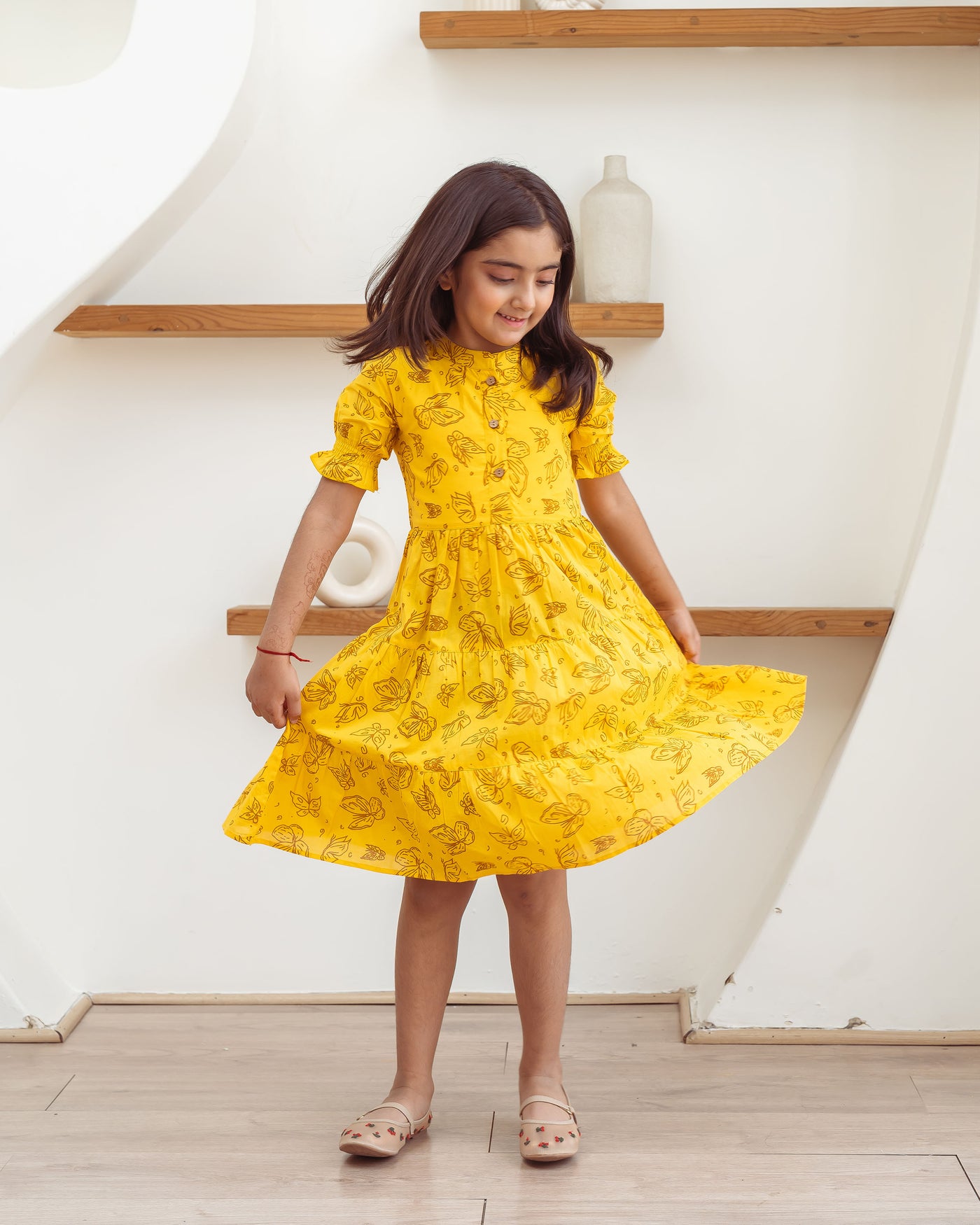 Yellow Butterflies Tiered Cotton Girl's Dress