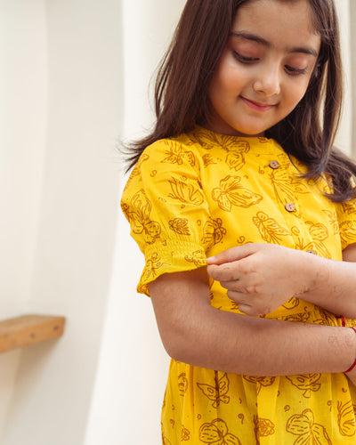 Yellow Butterflies Tiered Cotton Girl's Dress