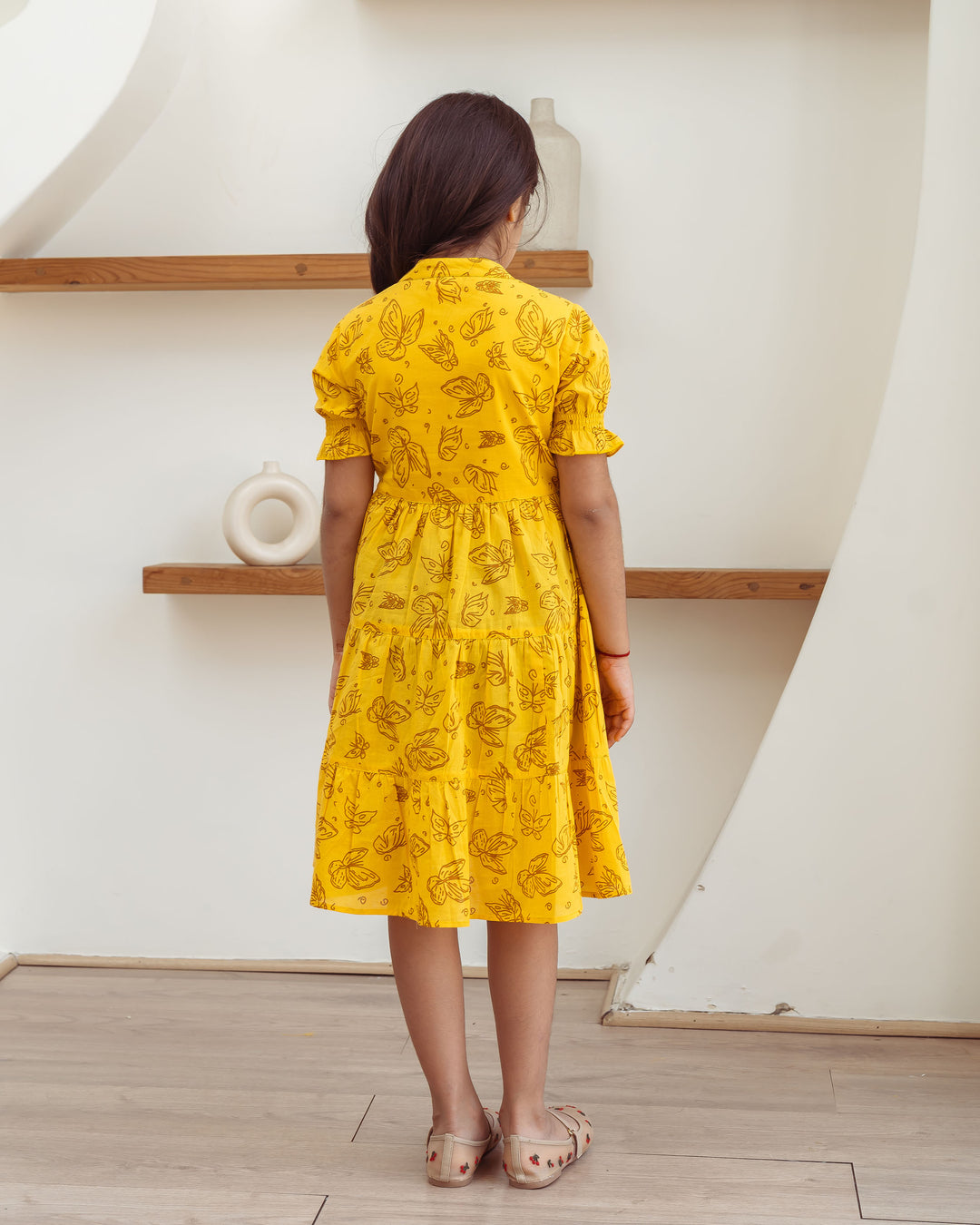 Yellow Butterflies Tiered Cotton Girl's Dress