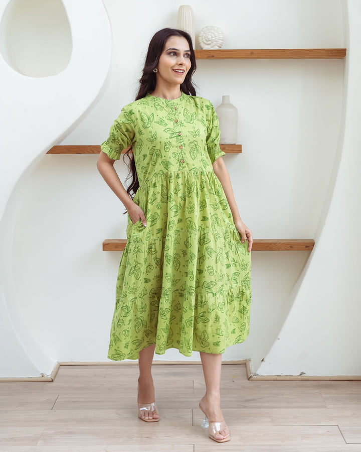 Green Butterflies Tiered Cotton Midi Dress with Pockets