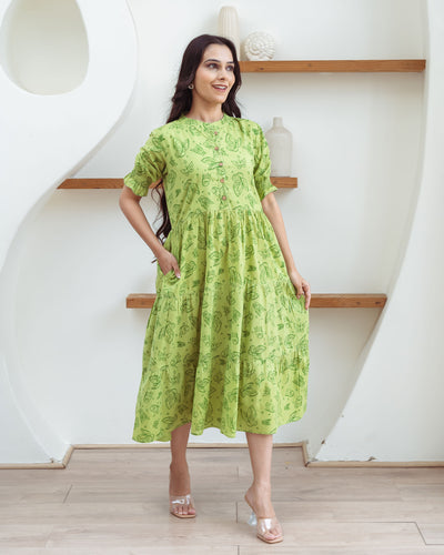 Green Butterflies Mom and Daughter Cotton Dresses