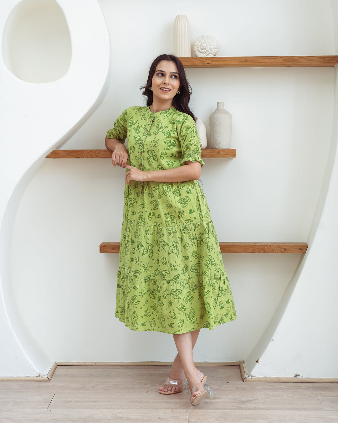 Green Butterflies Tiered Cotton Midi Dress with Pockets