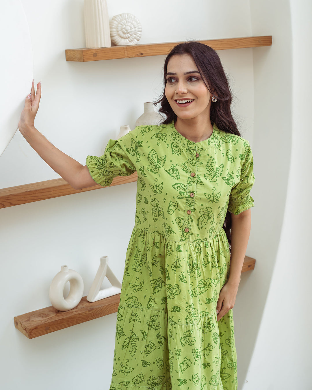 Green Butterflies Tiered Cotton Midi Dress with Pockets