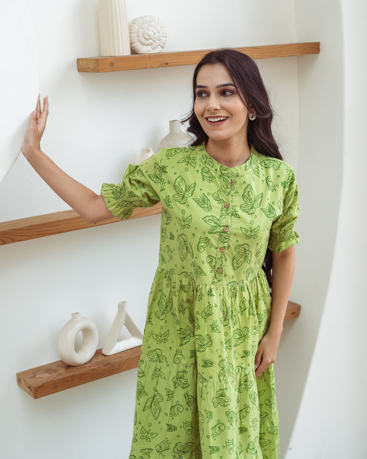 Green Butterflies Tiered Cotton Midi Dress with Pockets