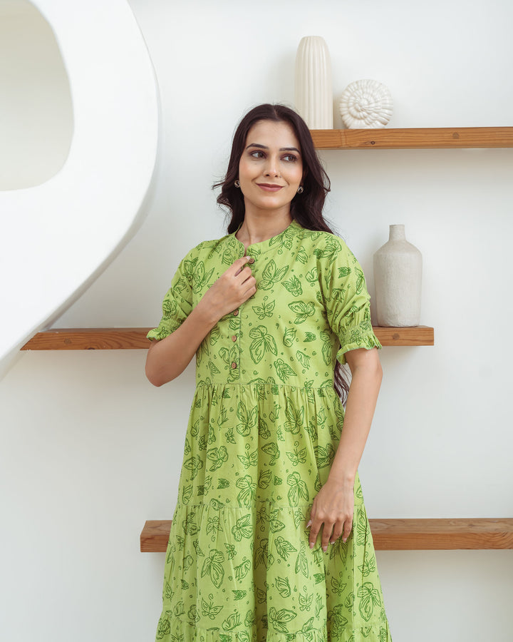 Green Butterflies Mom and Daughter Cotton Dresses