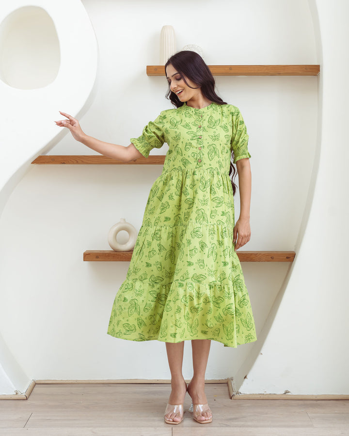 Green Butterflies Tiered Cotton Midi Dress with Pockets