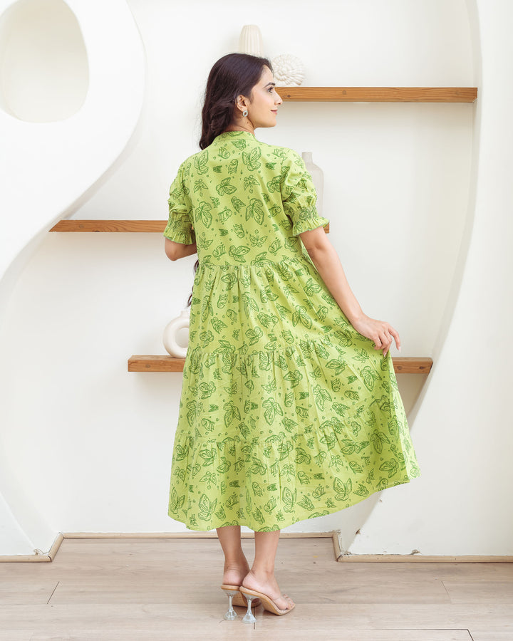 Green Butterflies Tiered Cotton Midi Dress with Pockets