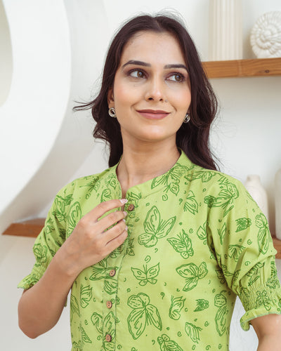 Green Butterflies Tiered Cotton Midi Dress with Pockets