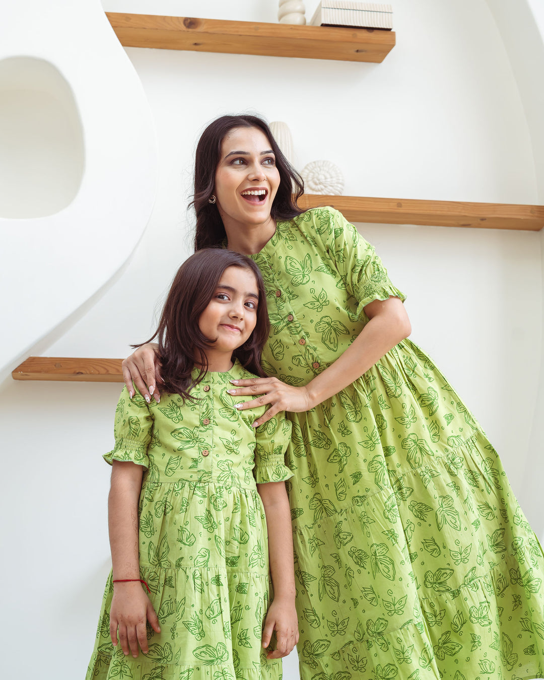 Green Butterflies Mom and Daughter Cotton Dresses
