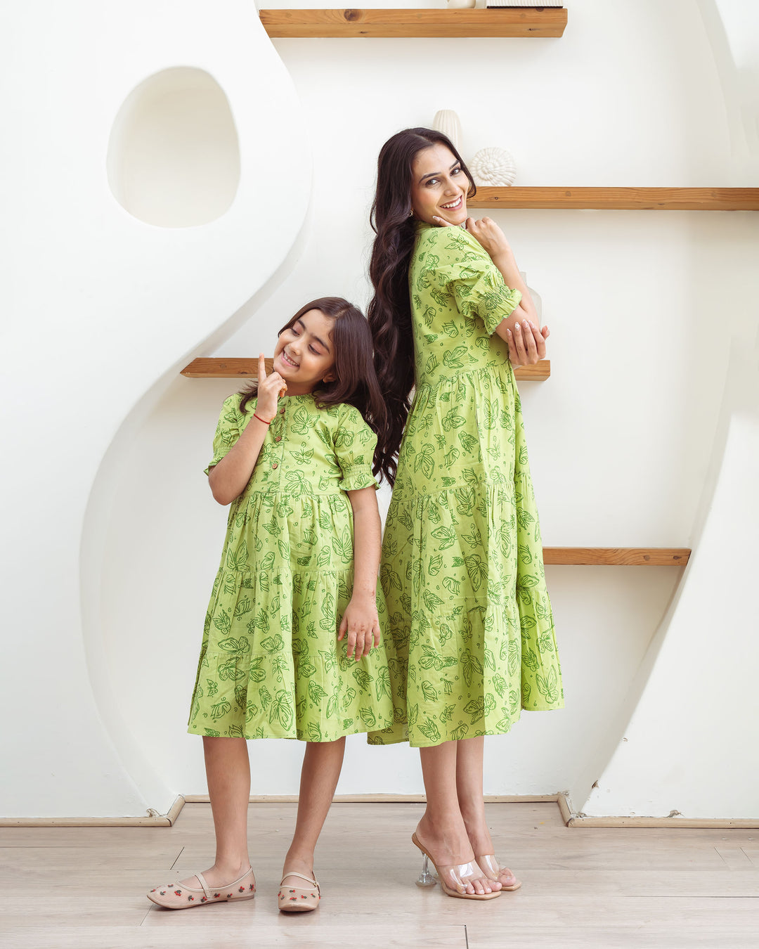 Green Butterflies Mom and Daughter Cotton Dresses