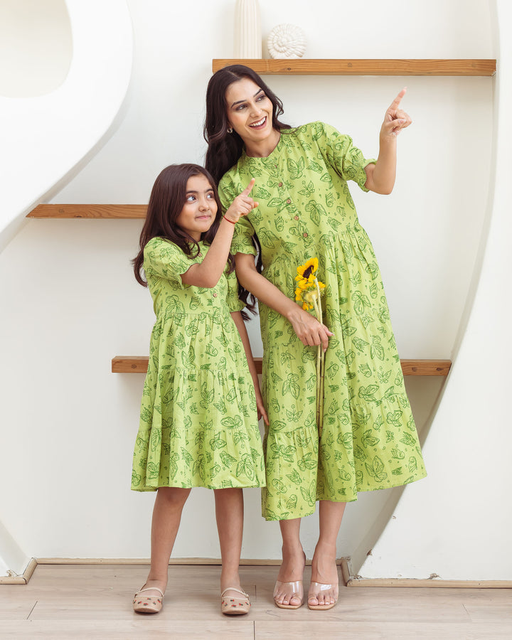 Green Butterflies Mom and Daughter Cotton Dresses