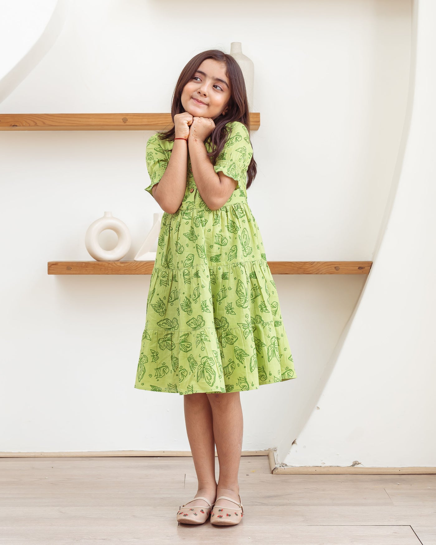 Green Butterflies Tiered Cotton Girl's Dress