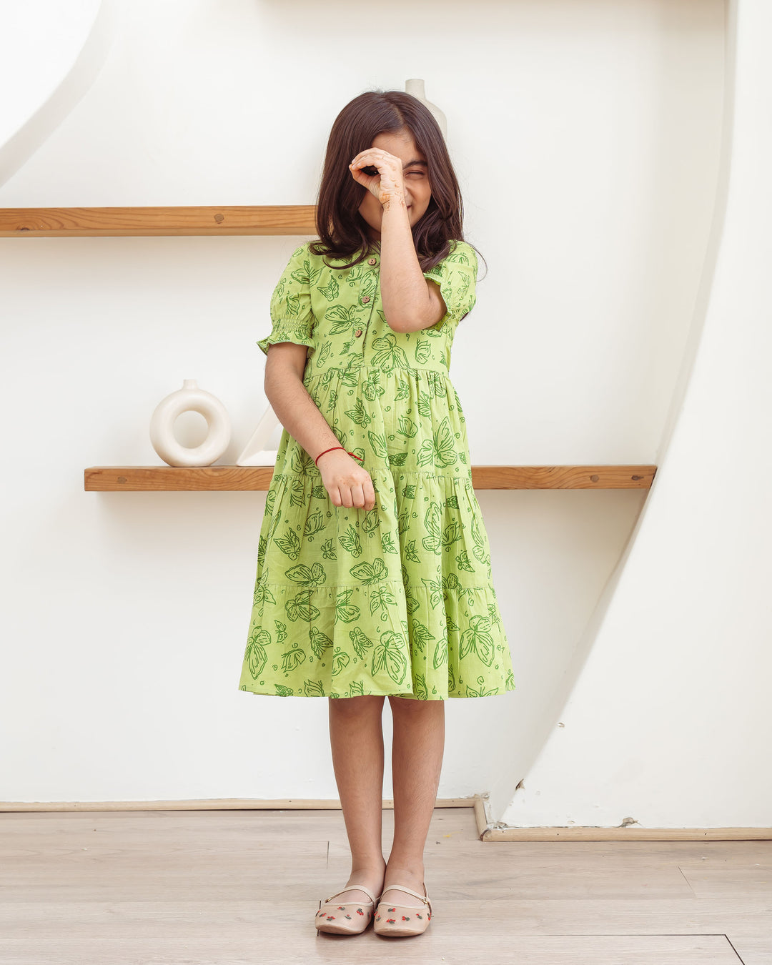 Green Butterflies Tiered Cotton Girl's Dress