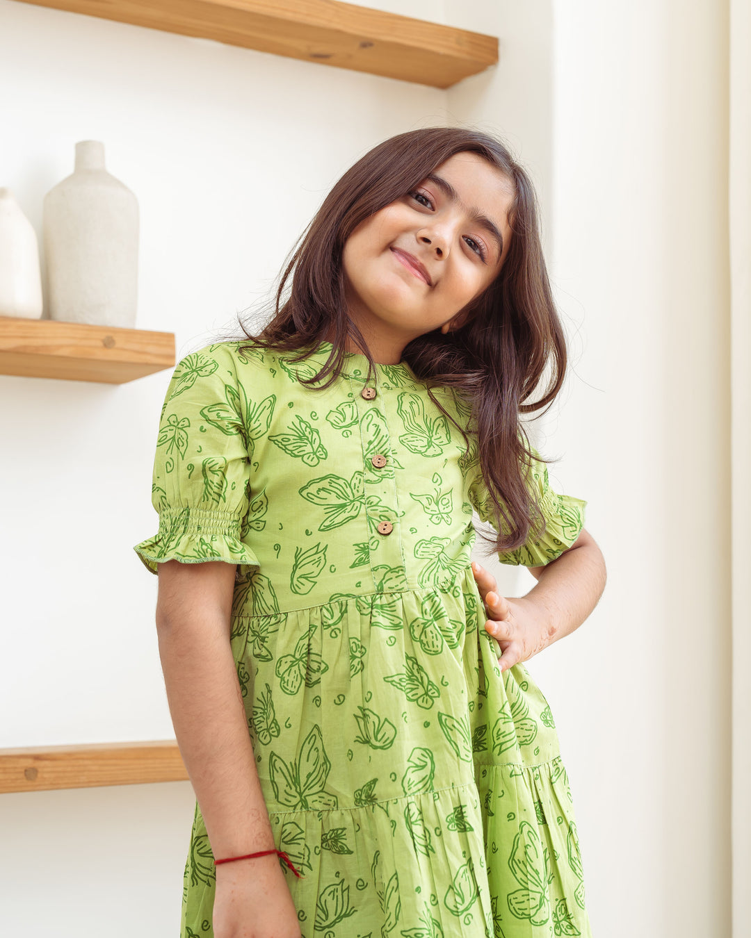 Green Butterflies Tiered Cotton Girl's Dress