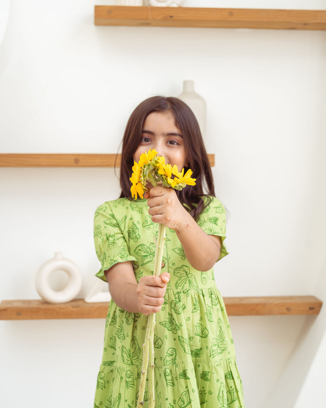 Green Butterflies Tiered Cotton Girl's Dress