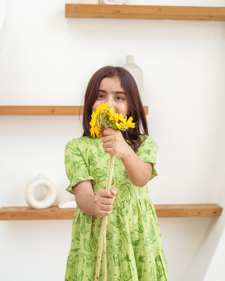 Green Butterflies Tiered Cotton Girl's Dress