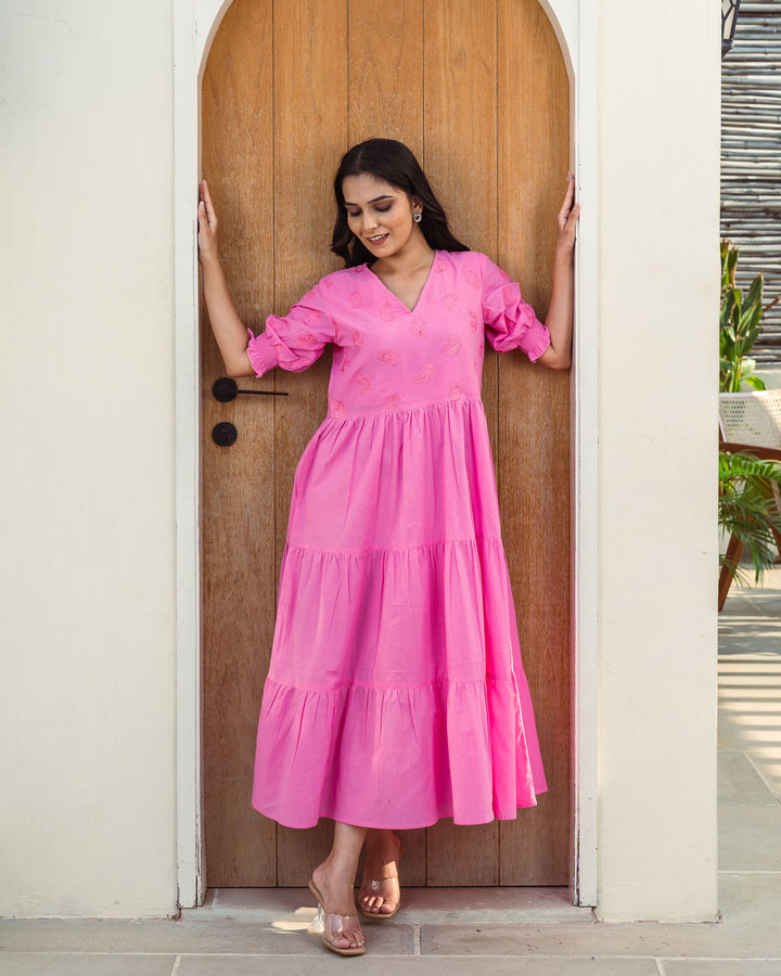 Rose Paisley Tiered Cotton Midi Dress with Pockets