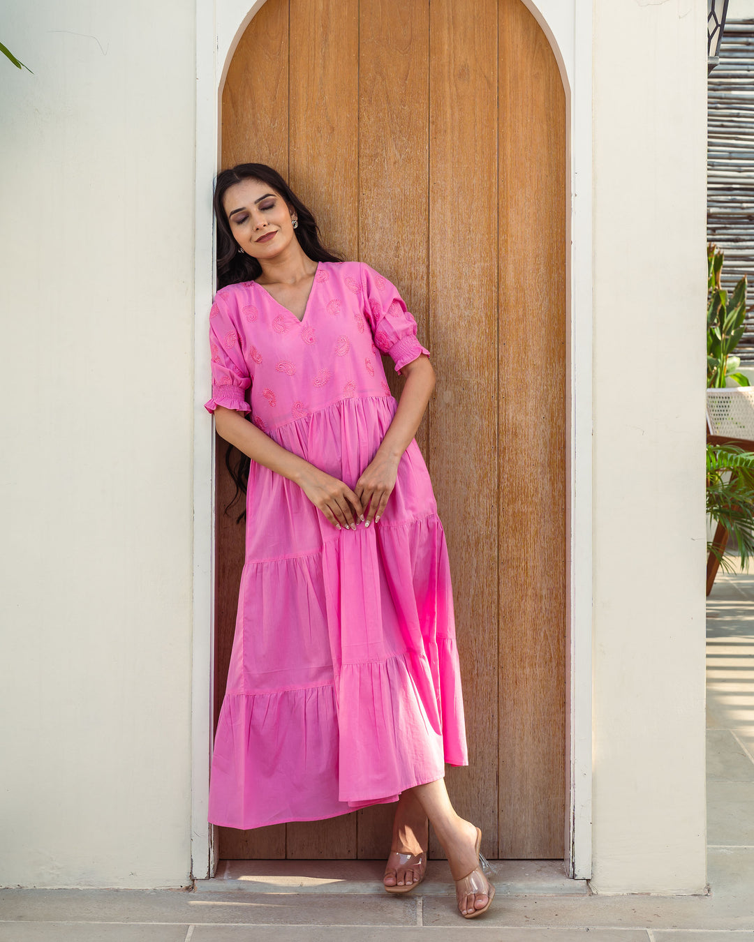 Rose Paisley Tiered Cotton Midi Dress with Pockets