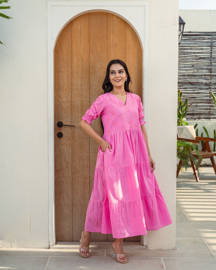 Rose Paisley Tiered Cotton Midi Dress with Pockets