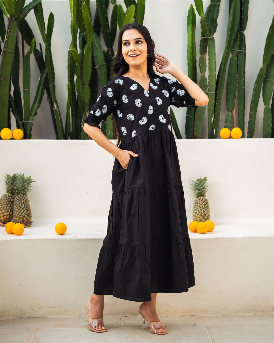 Dusk Paisley Tiered Cotton Midi Dress with Pockets