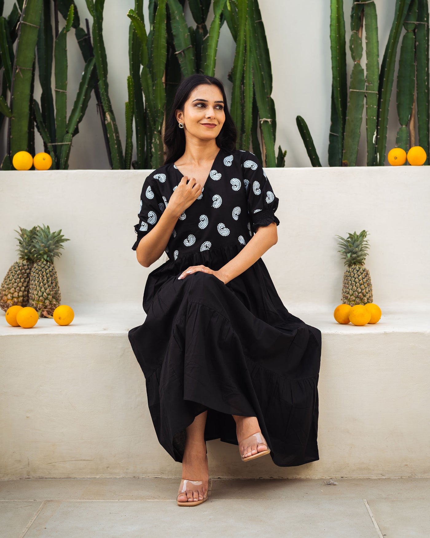 Dusk Paisley Tiered Cotton Midi Dress with Pockets
